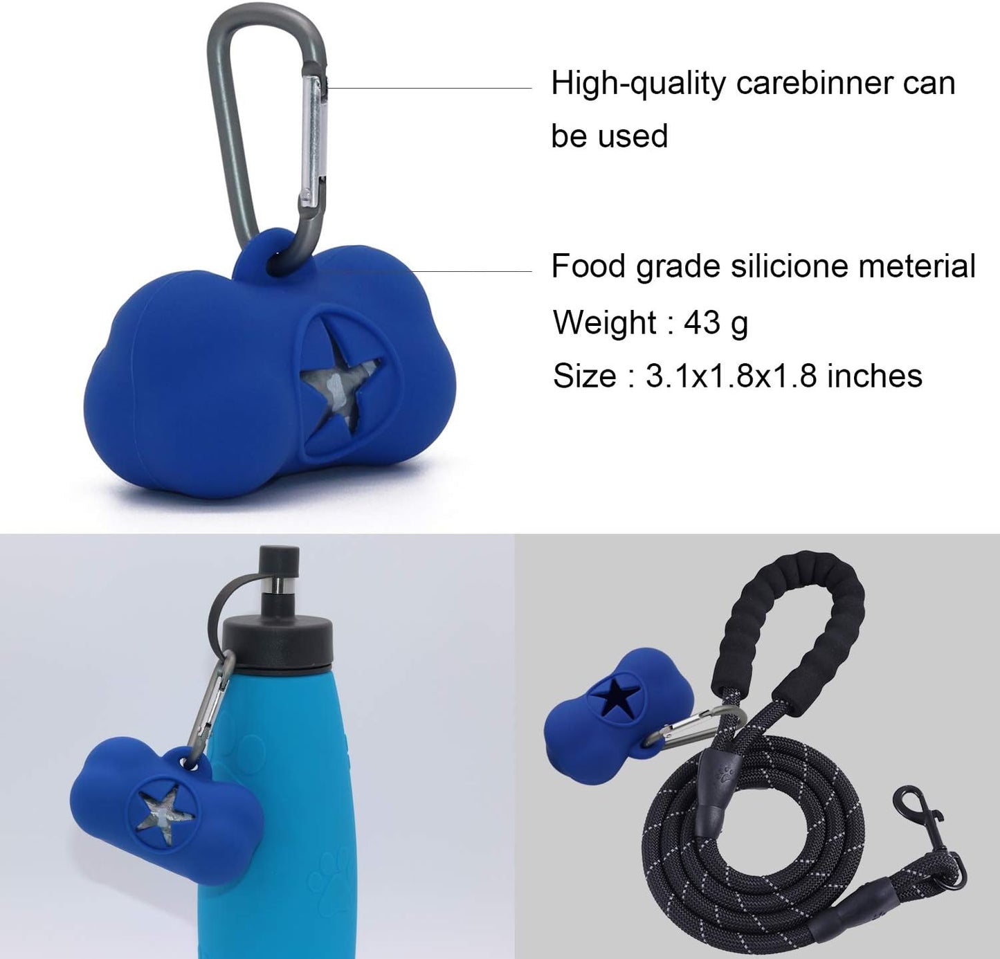 Dog Poop Bags and Silicone Material Dog Waste Bags Dispenser Bone Shaped Clean up Bags Holder 17Rolls/340Bags Total with Carabineer Blue