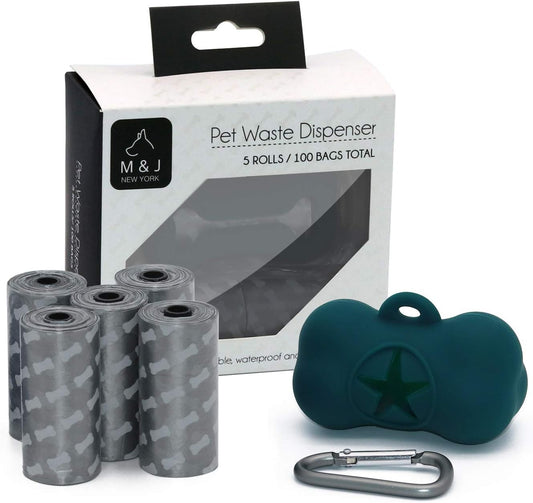 M&J Portable Pet Poop Bag Dispenser Silicone Dog Waste Bag Holder Travel for Outdoor Animal Training Walking with 5 Roll / 100 Biodegradable Bags, Green