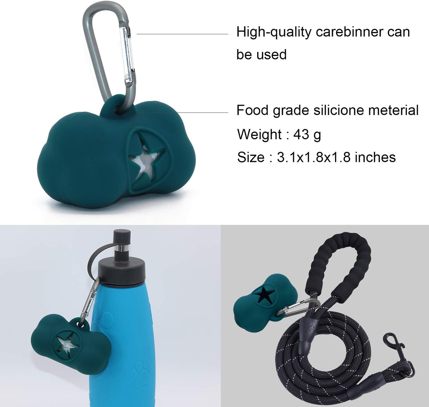 M&J Portable Pet Poop Bag Dispenser Silicone Dog Waste Bag Holder Travel for Outdoor Small Animal Training Walking with 17 Rolls/340 Bags Biodegradable Bags Green