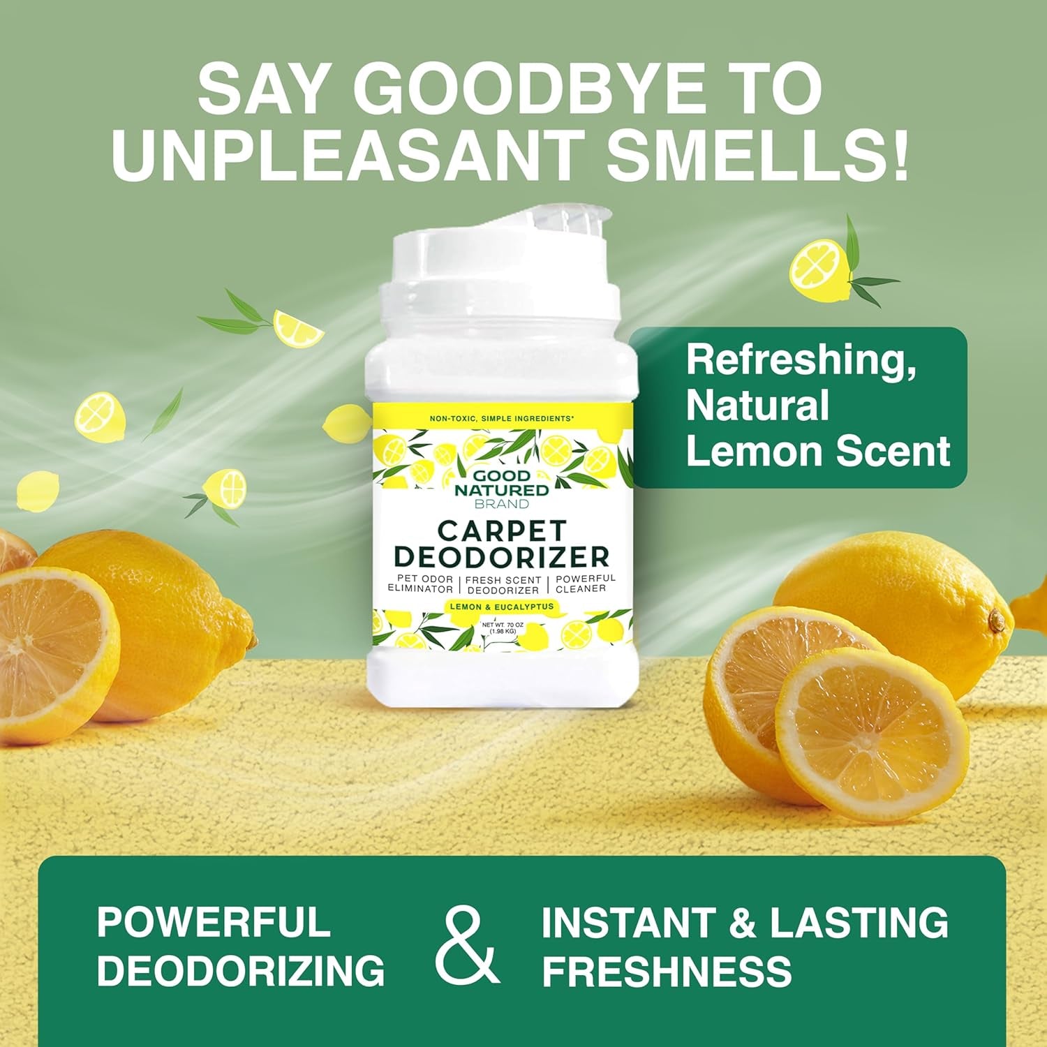 | Carpet Deodorizer & Freshener Powder | 70 Oz Pet Odor Eliminator for Strong Odor & Pet Urine | Fresh Natural Lemon & Eucalyptus Scent | Safe for Homes with Pets