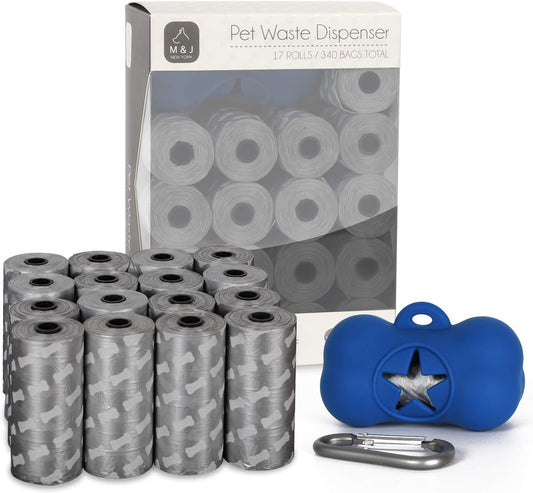 Dog Poop Bags and Silicone Material Dog Waste Bags Dispenser Bone Shaped Clean up Bags Holder 17Rolls/340Bags Total with Carabineer Blue