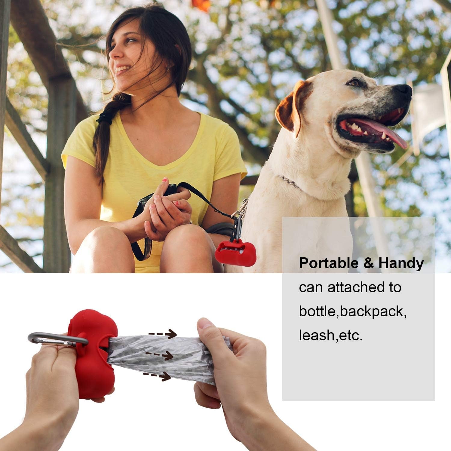 M&J Portable Pet Poop Bag Dispenser Silicone Dog Waste Bag Holder Travel for Outdoor Animal Training Walking with 5 Roll / 100 Biodegradable Bags, Green